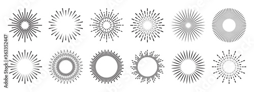 Vintage sunburst collection. Bursting sun rays. Fireworks. Logotype or lettering design element. Radial sunset beams. Vector illustration.