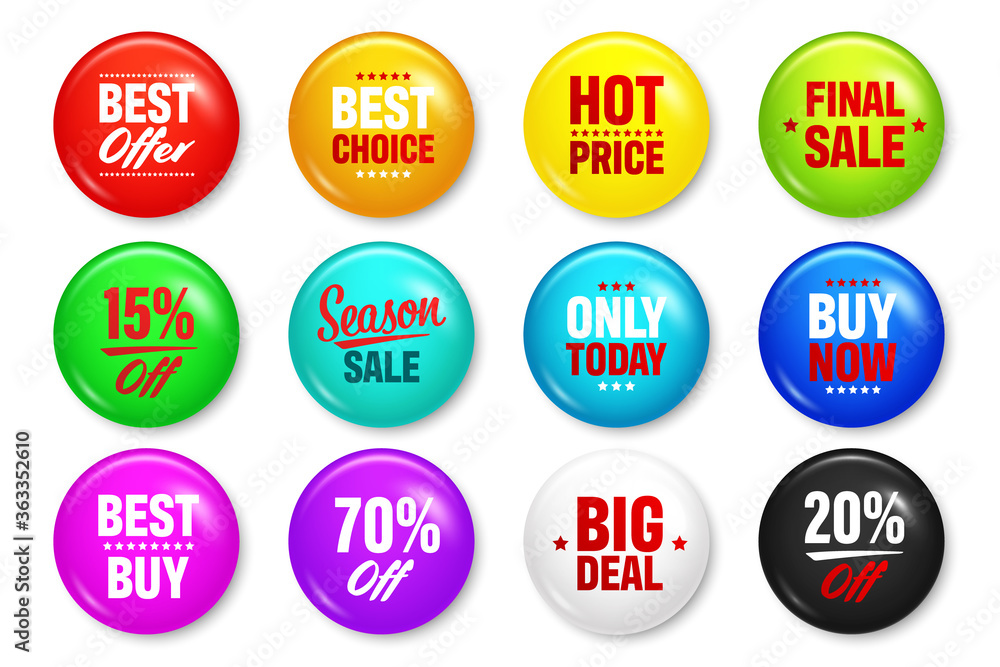 Realistic badges with text. Product promotion, sale. Special offer. Glossy round button. Pin badge mockup. Vector illustration. Realistic badges with text. Product promotion, sale. Special offer. Glossy round button. Pin badge mockup. Vector illustration.