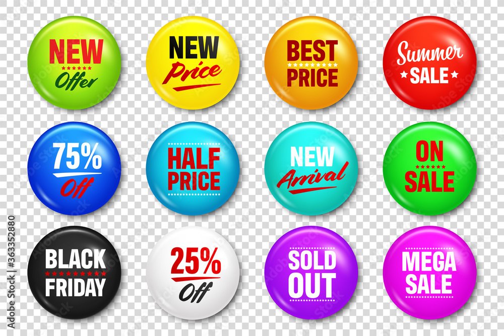 Realistic badges with text. Product promotion, sale. Special offer. Glossy round button. Pin badge mockup. Vector illustration. Realistic badges with text. Product promotion, sale. Special offer. Glossy round button. Pin badge mockup. Vector illustration.