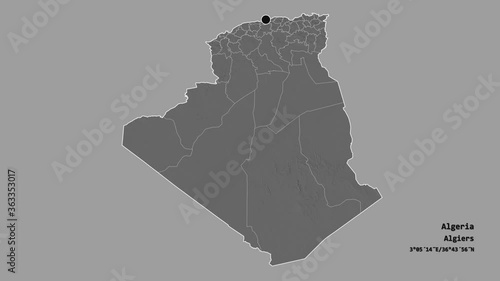 Tissemsilt, province of Algeria, with its capital, localized, outlined and zoomed with informative overlays on a bilevel map in the Stereographic projection. Animation 3D photo