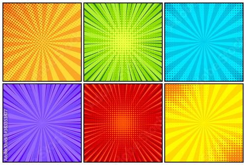 Cartoon comic backgrounds set. Comics book colorful poster with halftone elements. Retro Pop Art style. Vector illustration.