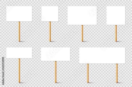 Blank protest sign with wooden holder. Realistic vector demonstration banner. Strike action cardboard placard mockup.