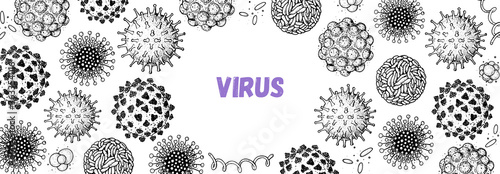 Different kinds of virus, sketch collection. Hand drawn illustration, vintage engraved style. Respiratory virus infection. Corona virus. Coronavirus 2019-nCoV and other viruses. Macro drawing.