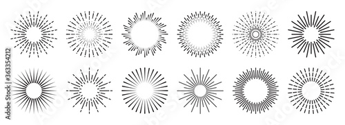 Vintage sunburst collection. Bursting sun rays. Fireworks. Logotype or lettering design element. Radial sunset beams. Vector illustration.