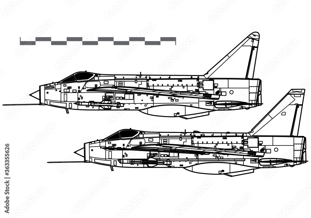 English Electric Lightning F.Mk 1, Mk 3. Vector drawing of supersonic interceptor. Side view. Image for illustration and infographics.
