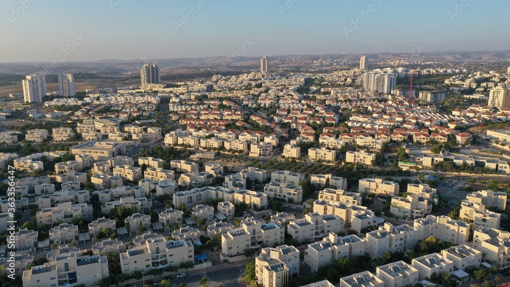 Fototapeta premium Modiin City Landscape at sunset, aerial view..israel Drone,aerial,summer,july,2020