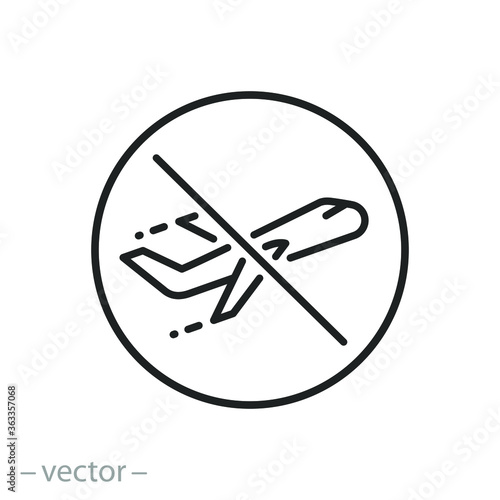 no flight icon, no fly zone, ban travel on plane, thin line web symbol on white background