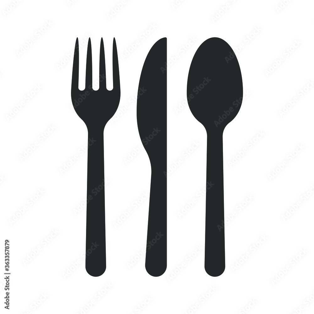 Fork knife and spoon icon logo. Simple flat shape restaurant or cafe place sign. Kitchen and diner menu symbol. Vector illustration image. Black silhouette isolated on white background. Fork knife and spoon icon logo. Simple flat shape restaurant or cafe place sign. Kitchen and diner menu symbol. Vector illustration image. Black silhouette isolated on white background.