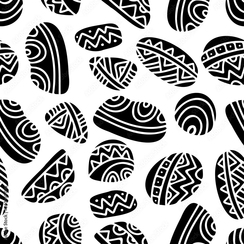 Vector seamless design black and white pattern of ornamental graphic lined stones in turquoise tones. The design is perfect for sheets, backgrounds, wrapping paper, wallpaper, textiles, surfaces