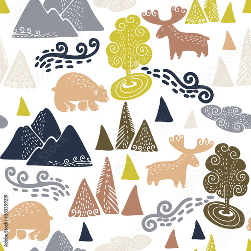 Vector seamless colorful design with mountains, moose and bears in a forest. Cute decorative background design. Perfect for maps, decorations, textiles, surfaces, backgrounds, sheets, cushions photo