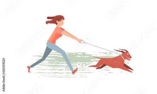 The girl quickly runs after her dog. An active dog pulls the girl by the leash. Cartoon illustration of characters with texture elements. Isolated on a white background