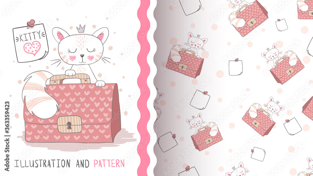 Cute princess cat - seamless pattern