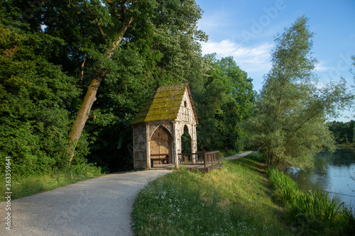 Beautiful, white birch cottage, on the shore of Maksimir lake in the dense, green forest of Zagreb city biggest park
