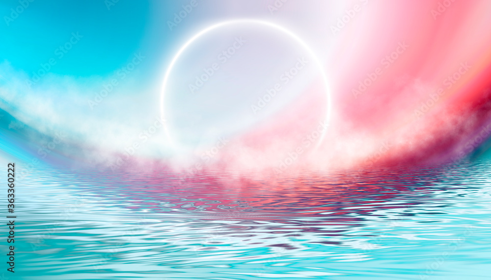 Fototapeta premium Reflection in the water, colorful sunset. Abstract futuristic background. Neon glow, reflection of tropical beach beach tent. 3d illustration