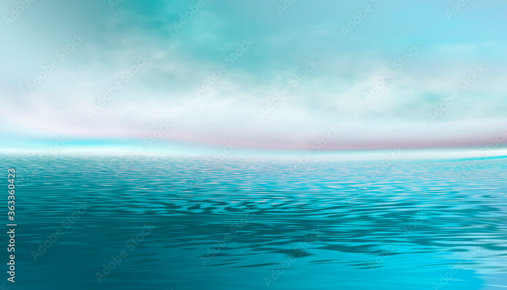 Reflection in the water, colorful sunset. Abstract futuristic background. Neon glow, reflection of tropical beach beach tent. 3d illustration Reflection in the water, colorful sunset. Abstract futuristic background. Neon glow, reflection of tropical beach beach tent. 3d illustration