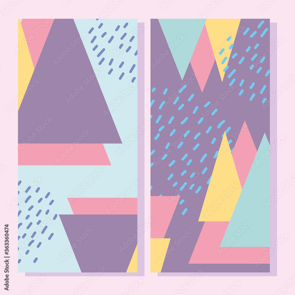 abstract shapes, 80s memphis triangles geometric style placard, brochure
