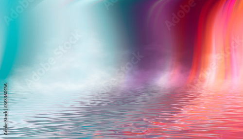 Reflection in the water, colorful sunset. Abstract futuristic background. Neon glow, reflection of tropical beach beach tent. 3d illustration