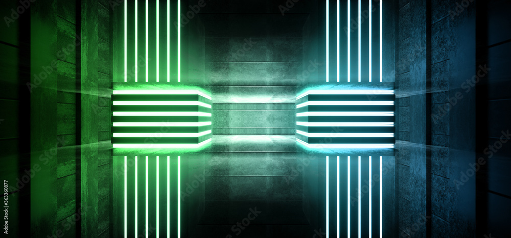 Fototapeta premium Neon Glowing Laser Sci Fi Futuristic Alien garage Room Tunnel Corridor Stage Blur Green Lights Pillars Reflective Floor Cyber Virtual 3D Rendering