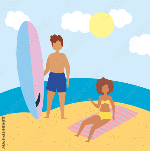 summer people activities, woman and man with surfboard in the beach, seashore relaxing and performing leisure outdoor