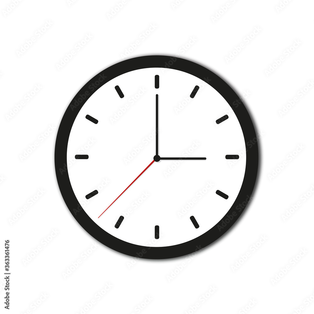 Clock vector icon on white background. Watch, time illustration. Black clock with shadow. Clock vector icon on white background. Watch, time illustration. Black clock with shadow.
