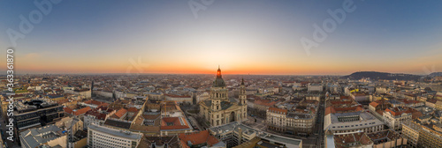 Panoramic aerial drone shot of St. Stephen Basilica at Budapest dawn sunrise in morning