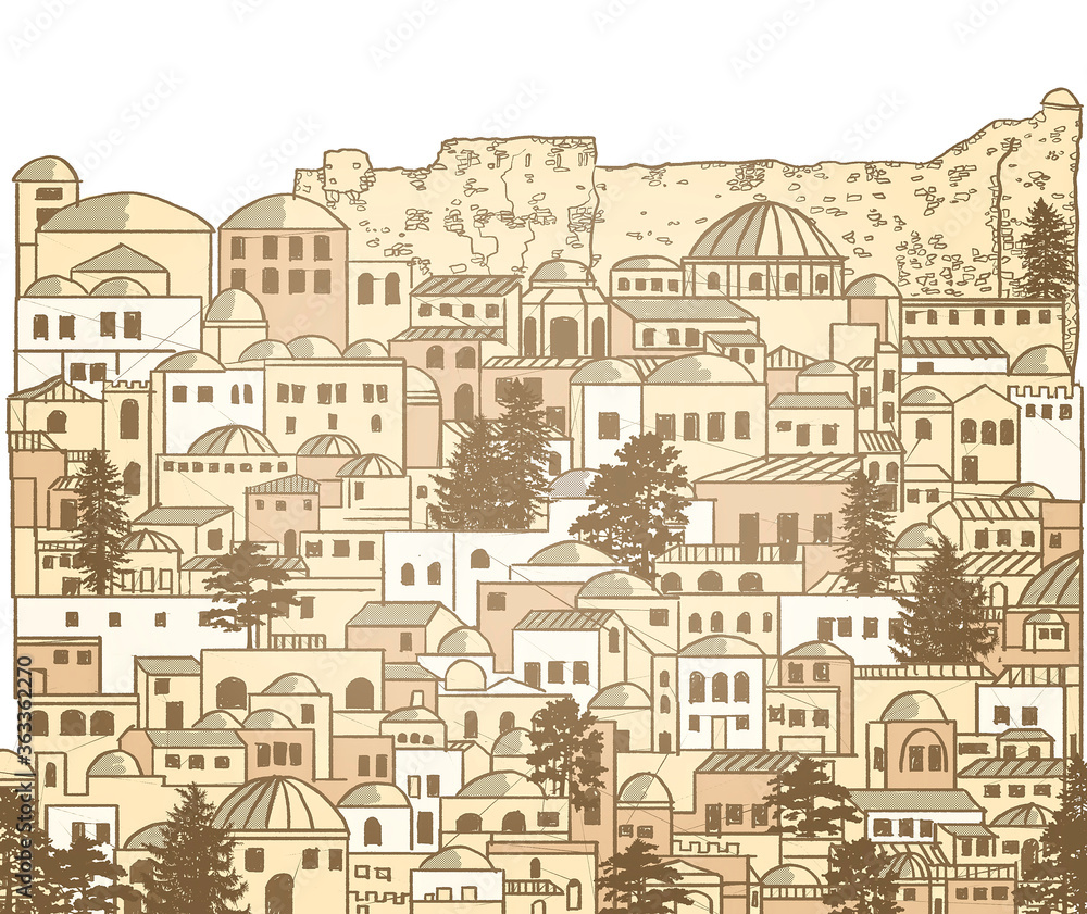 Old Middle Eastern city, places, streets, houses, domes and towers. Typical Islamic town. Drawn by hand. Texture and background
