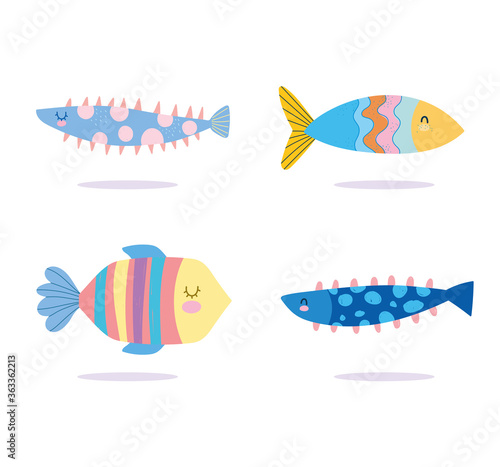 under the sea, colored fishes wide marine life landscape cartoon