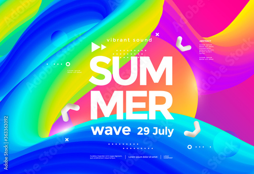 Electronic music fest summer wave poster. Club party flyer. Abstract gradients wavy music background.