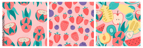 Hand drawn tropical fruits and berries. Exotic set of three isolated seamless pattern on pink background. 