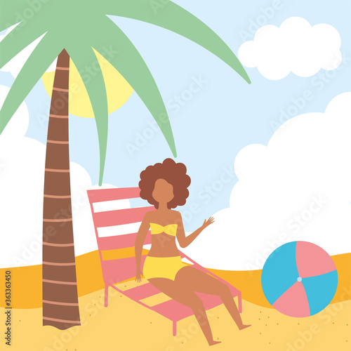 summer people activities, cartoon girl with deck chair ball, seashore relaxing and performing leisure outdoor