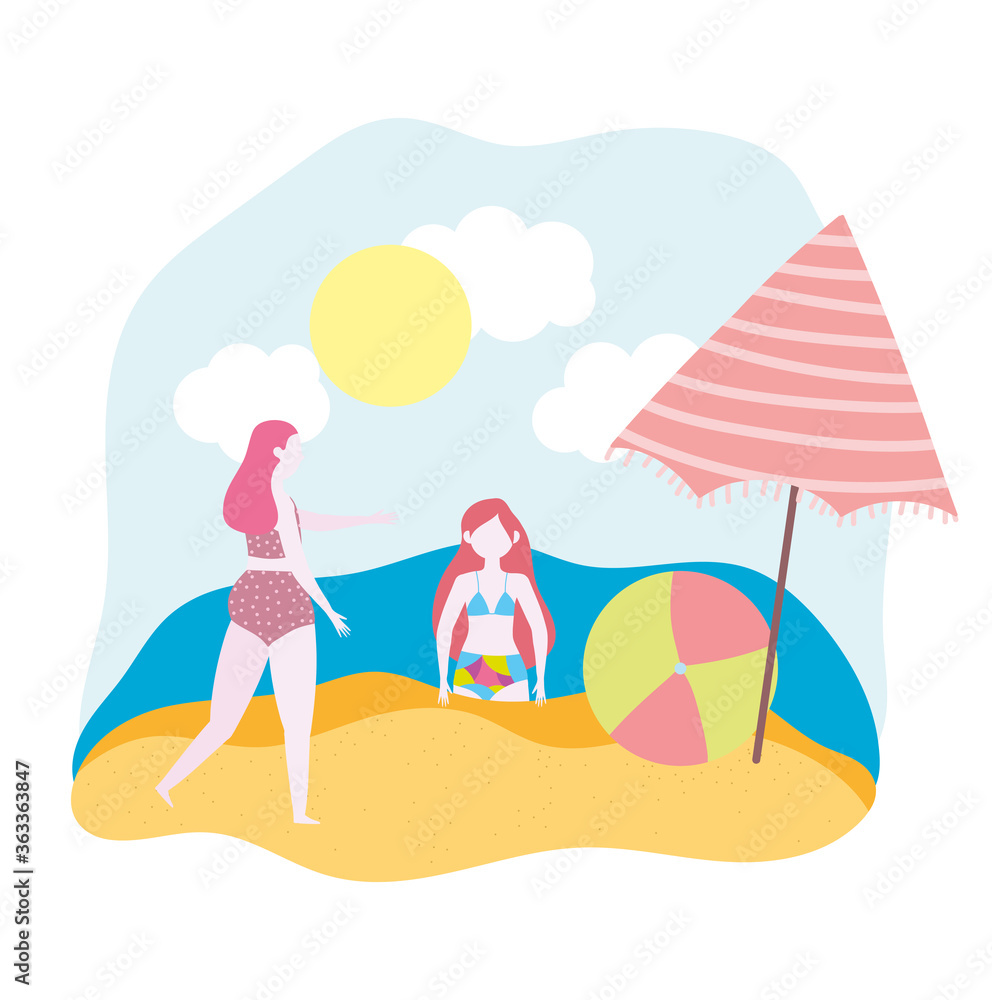 summer people activities, woman and girl with umbrella and ball, seashore relaxing and performing leisure outdoor
