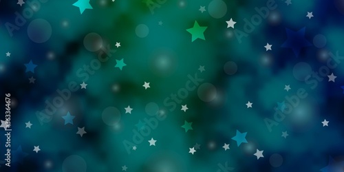 Light Blue, Green vector background with circles, stars. Glitter abstract illustration with colorful drops, stars. Design for textile, fabric, wallpapers.