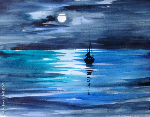 Obraz na plátně Lunar path on the water in the darkness of night with sailboat