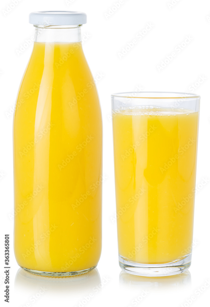Fruit juice orange smoothie drink beverage in a bottle and glass isolated on white Fruit juice orange smoothie drink beverage in a bottle and glass isolated on white