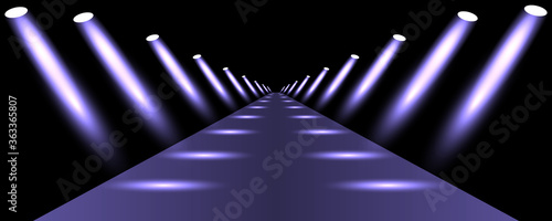 Podium, road, pedestal or platform illuminated by spotlights on black background. Stage with scenic lights. Vector illustration
