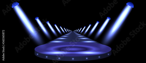 Podium, road, pedestal or platform illuminated by spotlights on black background. Stage with scenic lights. Vector illustration