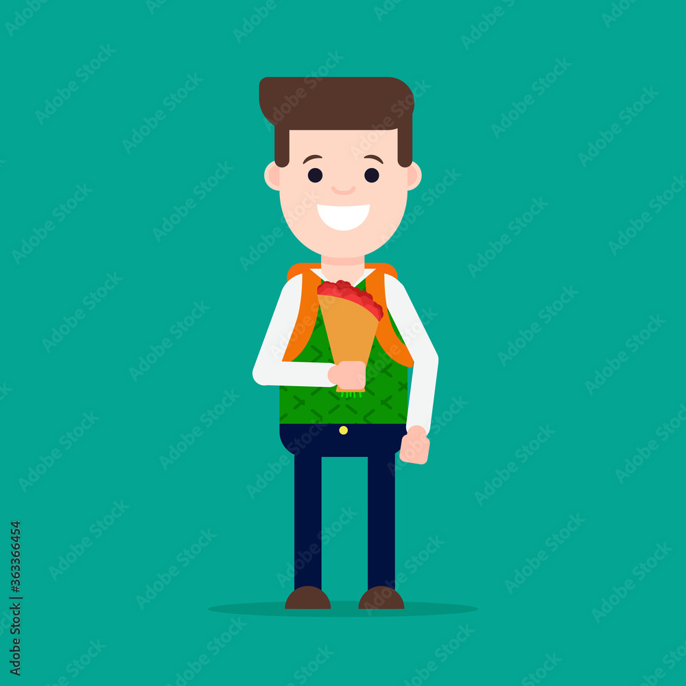 Flat vector illustration: student with flowers. Schoolboy back to school. Flat vector illustration: student with flowers. Schoolboy back to school.