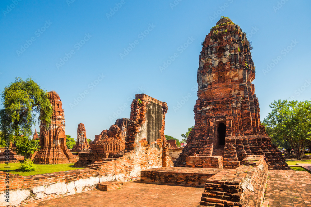 Pagoda at Ayutthaya Historical Park on a Sunny Day in Ayutthaya Province, Thailand. Architecture of Old Thai Capital City