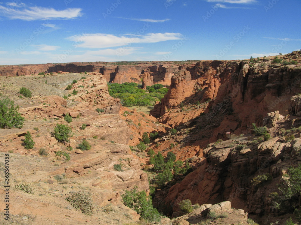 Canyon de Chelly National Monument, Arizona, USA - red rocks, green trees and blue sky