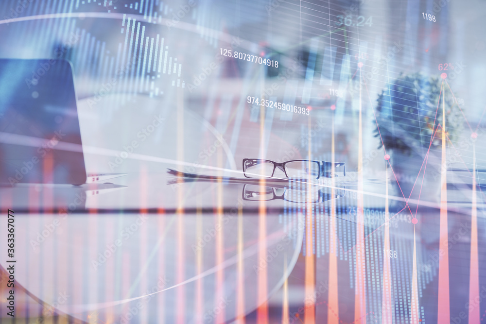 Double exposure of financial graph drawing and office interior background. Concept of stock market. Double exposure of financial graph drawing and office interior background. Concept of stock market.