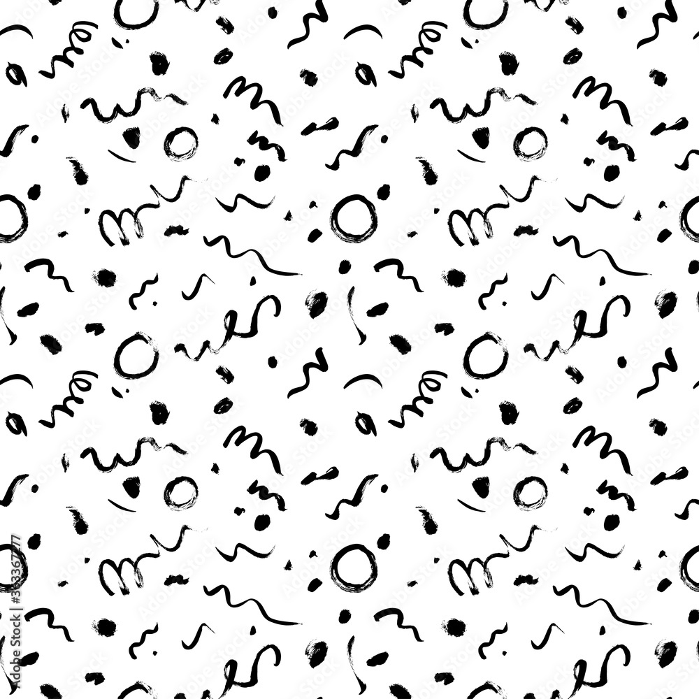 Wavy and swirled brush strokes vector seamless pattern in Memphis style. Black paint freehand scribbles, abstract ink background. Doodle, dots, circles, lines, squiggle pattern. Abstract wallpaper