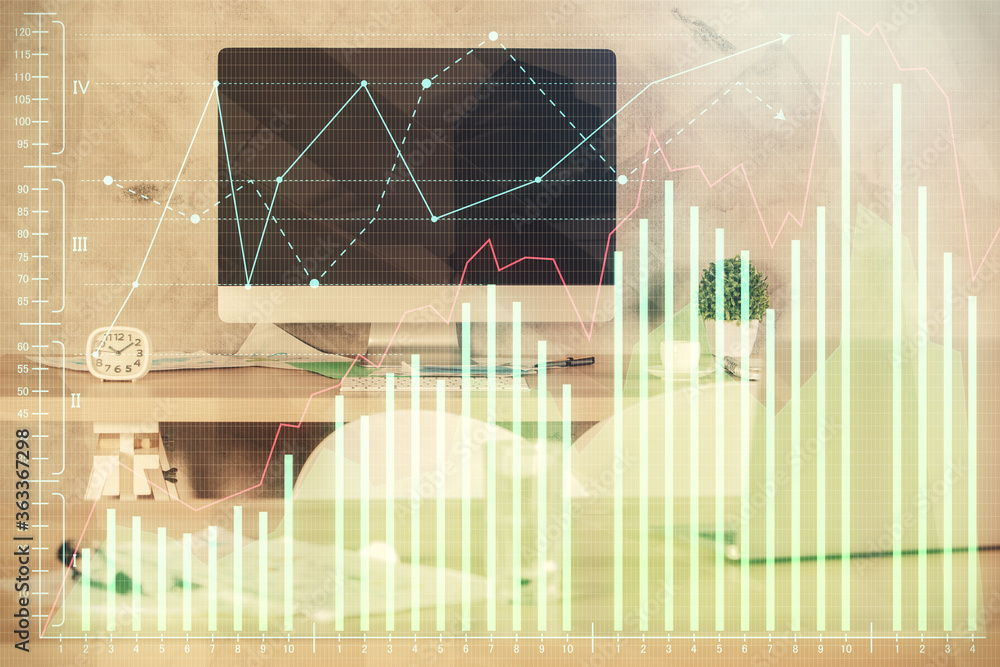 Multi exposure of financial graph drawing and office interior background. Concept of market analysis. Multi exposure of financial graph drawing and office interior background. Concept of market analysis.