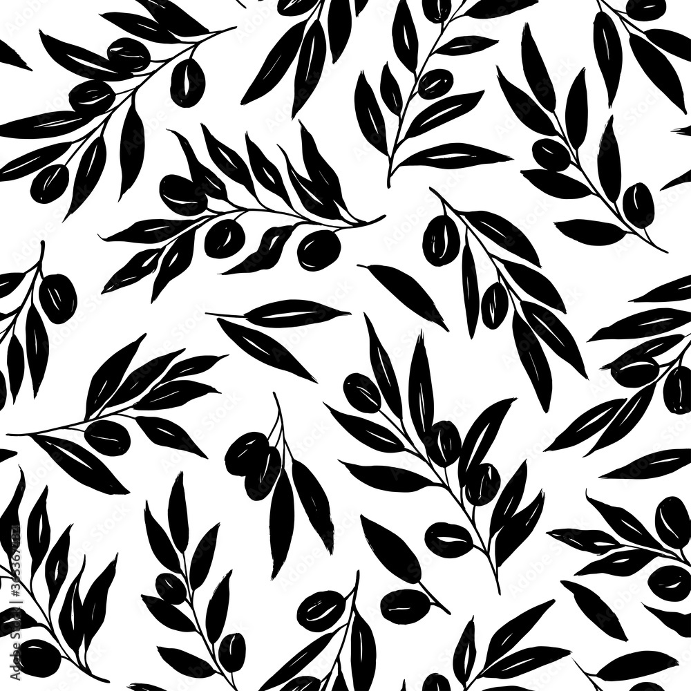 Olive leaves and branches vector seamless pattern. Black brush leaves and twigs. Olive branch modern ornament. Black ink texture with foliage. Hand drawn eucalyptus, laurel twig. Abstract plant motif Olive leaves and branches vector seamless pattern. Black brush leaves and twigs. Olive branch modern ornament. Black ink texture with foliage. Hand drawn eucalyptus, laurel twig. Abstract plant motif