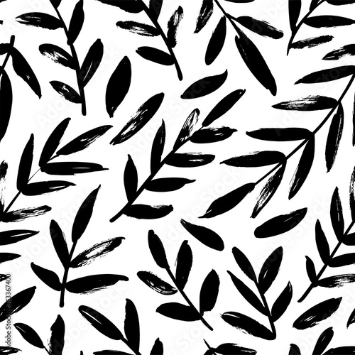 Leaves and branches vector seamless pattern. Black brush leaves and twigs. Olive branch modern ornament. Black ink texture with foliage. Hand drawn eucalyptus, laurel twig. Abstract plant motif