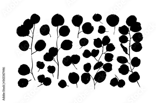 Eucalyptus branches with round leaves vector collection. Set of black silhouettes leaves and branches. Hand drawn eucalyptus foliage, brush twigs. Vector ink elements isolated on white background.