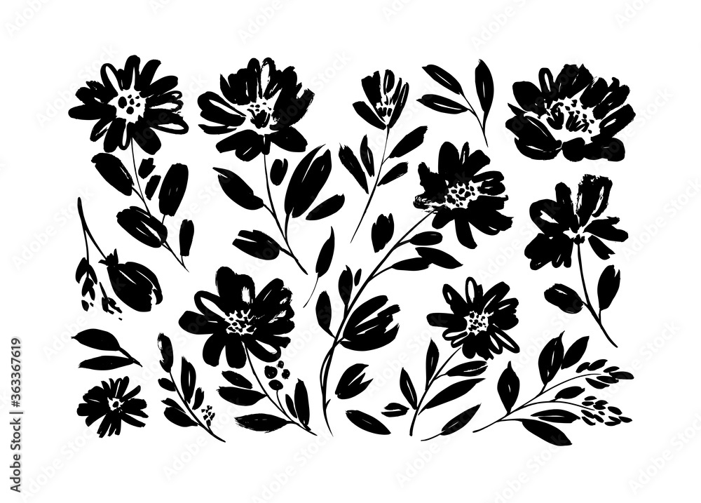 Fototapeta premium Spring flowers hand drawn vector set. Black brush flower silhouettes. Ink drawing wild plants, herbs or flowers, monochrome botanical illustration. Anemones, peonies, chrysanthemums isolated cliparts.