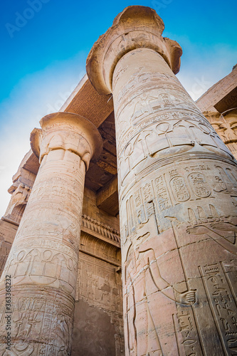 Columns are covered in hieroglypic carvings in Kom Ombo photo