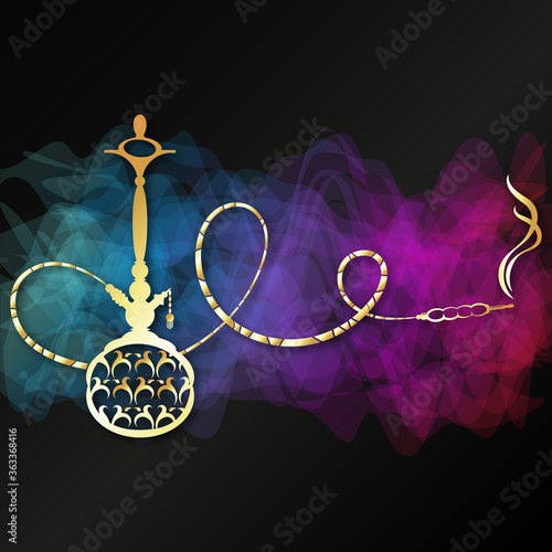 Golden hookah and colored smoke on a black background design smoking and relaxation