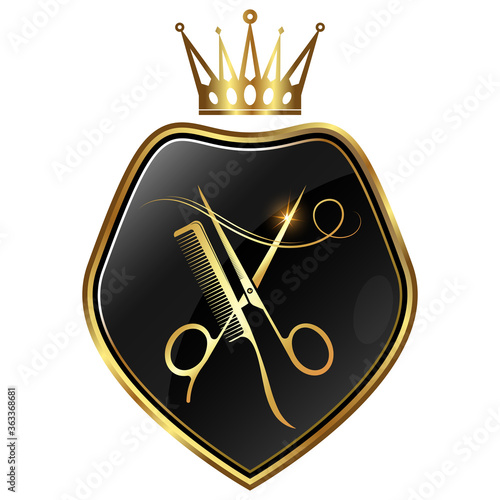 Scissors and comb golden crown symbol for beauty and hair salon