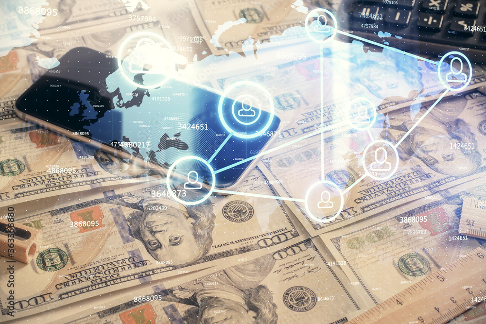 Multi exposure of social network drawing over us dollars bill background. Concept of people connection. Multi exposure of social network drawing over us dollars bill background. Concept of people connection.